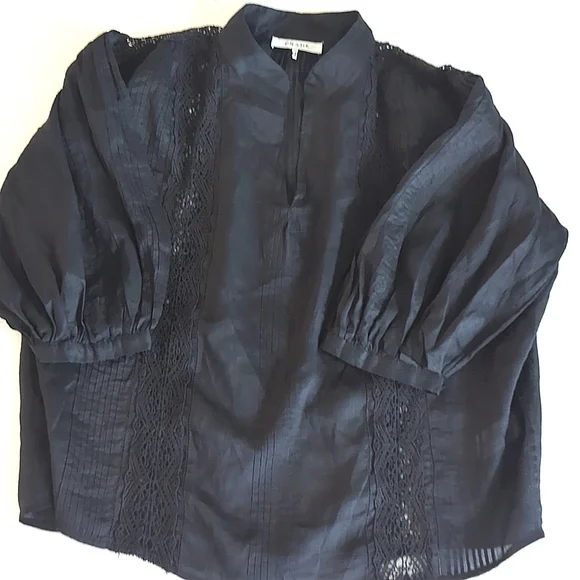 FRAME Cali Lace Popover Blouse Top V neck Black 3/4 sleeve Boho Flowy Fit L - Picture 5 of 14